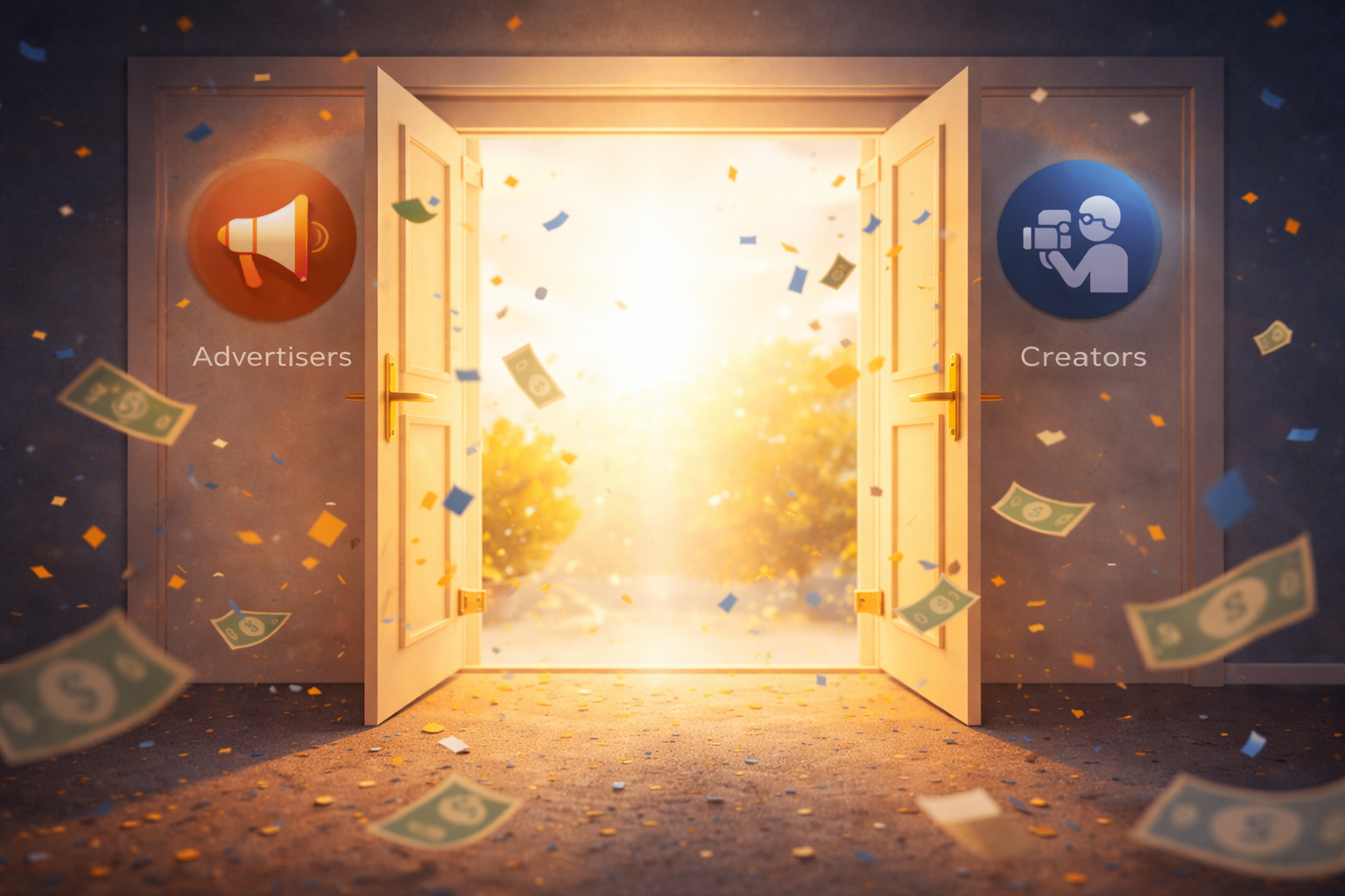 Open doors with bright light, confetti, and marketplace icons for advertisers and creators