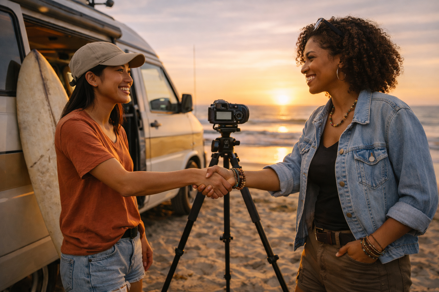 Creator setting up a camera by a van at the beach while greeting a partner